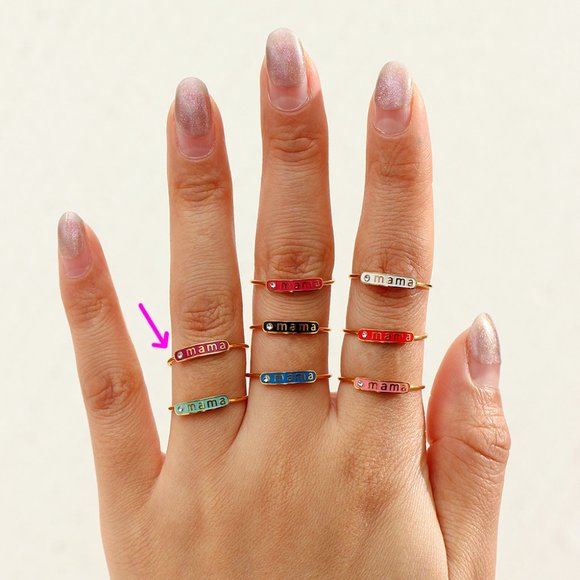 Dark Pink‎ Enamel Mama Adjustable Zircon Stackable Ring 18k Gold Plated S… - Picture 3 of 5